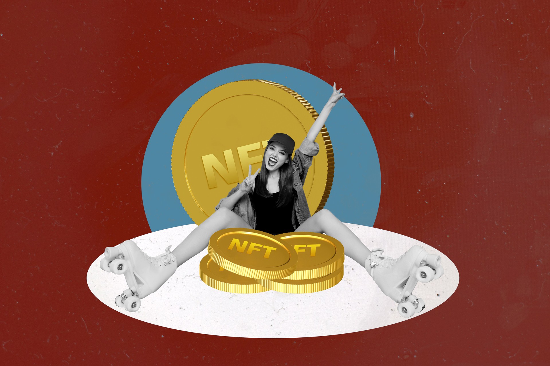 Composite sketch artwork 3D photo collage of young attractive lady say hi wear roller skates sit on huge plate with big gold nft coins